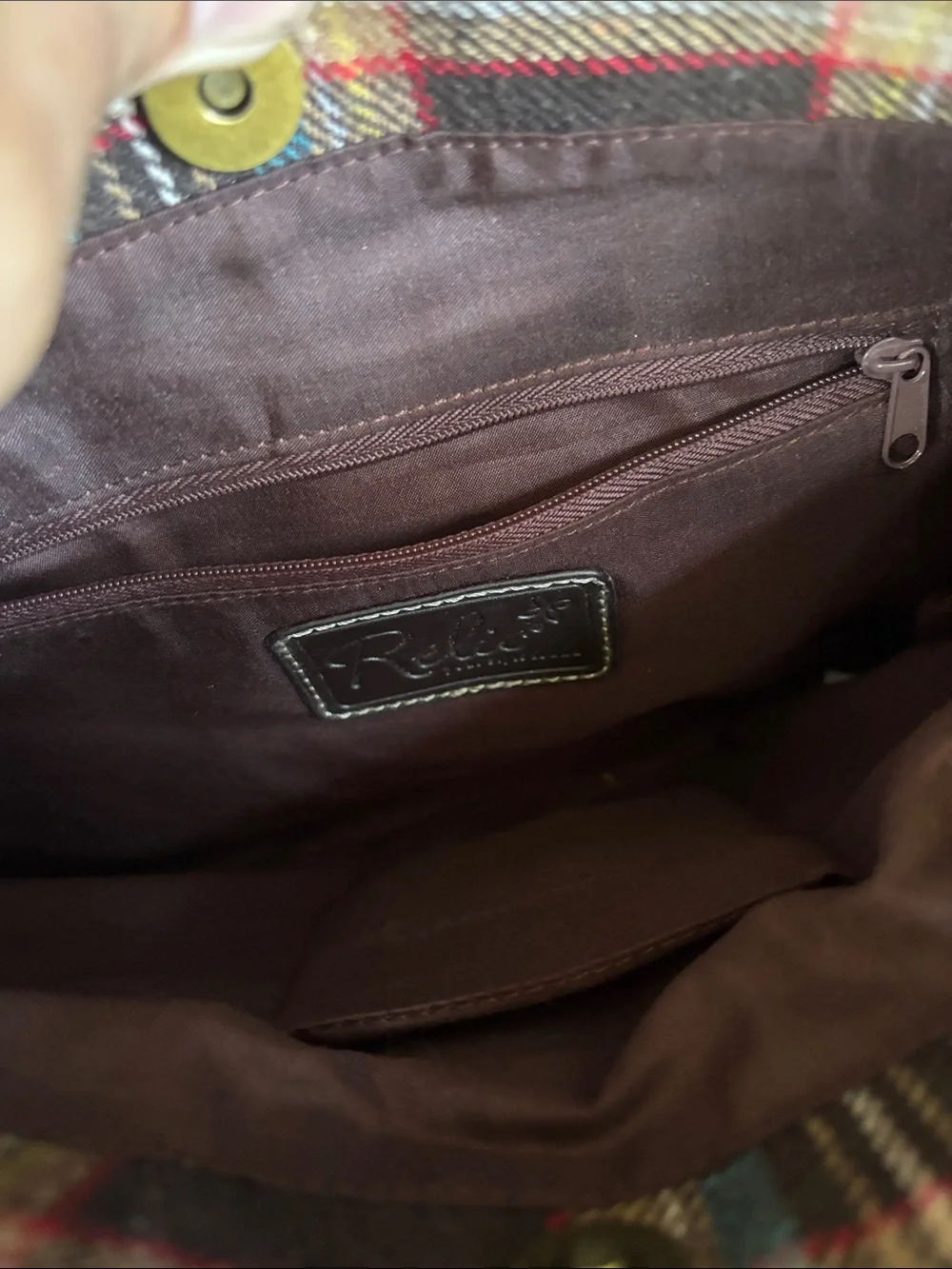 Relic Plaid Messenger Bag in Brown with Teal & Red Accents